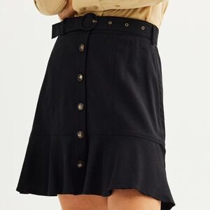 Nine West Black A-Line Skirt with Belt and Button Accents
